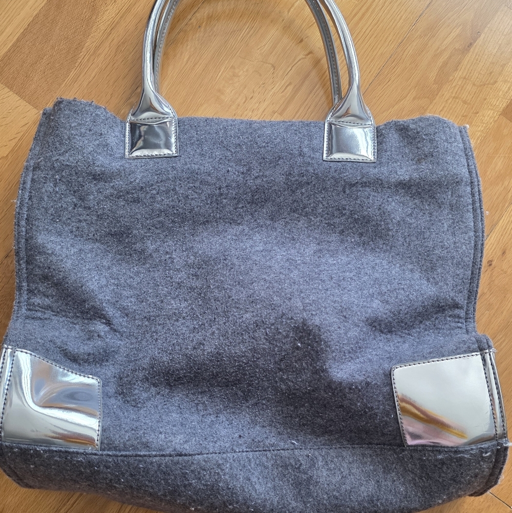 Tory Burch Charcoal Gray Felt Tote with Silver Logo Accents - Picture 2 of 3